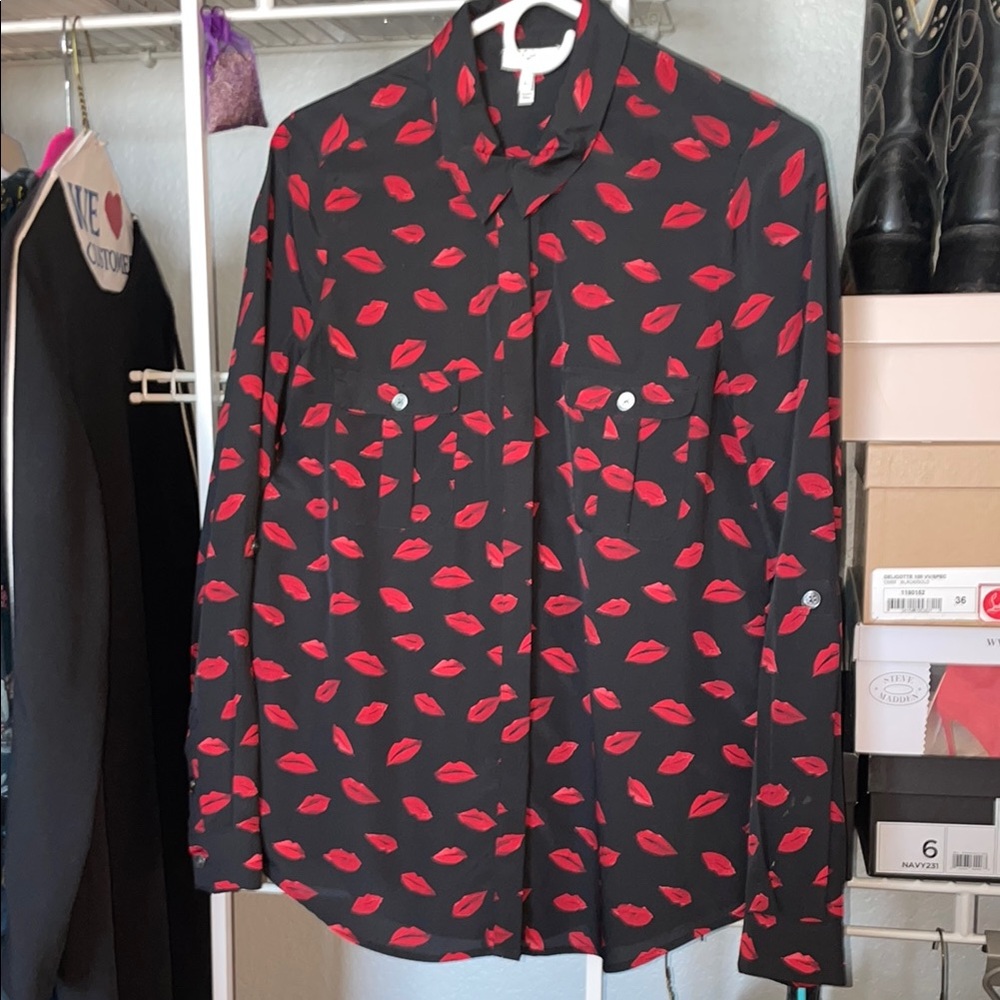 Joie Red and Black silky Button Down Shirt with Bold Lip Print